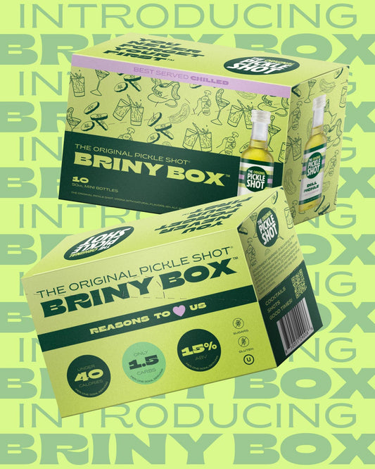 Introducing the Briny Box: a ten pack carton of 50ml The Original Pickle Shot bottles